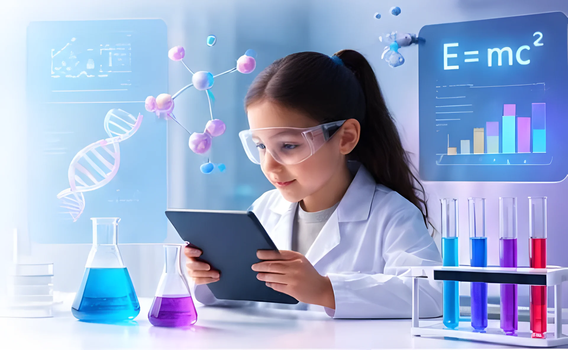 Laboratuvar gözlüğüyle tablette deney yapan bir çocuk; çevresinde molekül, DNA ve grafik hologramları